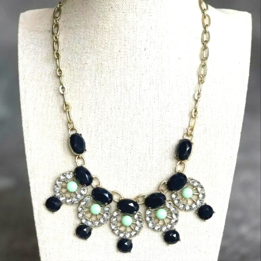 J CREW Crystal Navy Blue Green Stone Antique Gold Rhinestone Statement Necklace